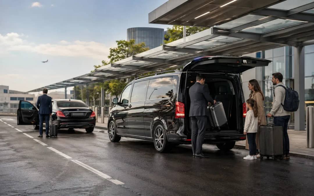 Westway Ride chauffeur loading luggage into a Mercedes V-Class outside a London airport terminal, an S-Class waiting behind